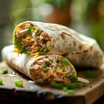 A close-up of a Tuna Melt Wrap with melted cheese and fresh green onions.