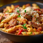 Close-up of creamy Cajun sausage pasta with colorful vegetables.