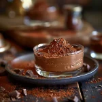 A close-up of a creamy chocolate mousse topped with cocoa powder, presented in a glass bowl with a blurred background.