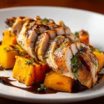 A close-up of succulent maple-glazed chicken thighs served with cubed sweet potatoes.