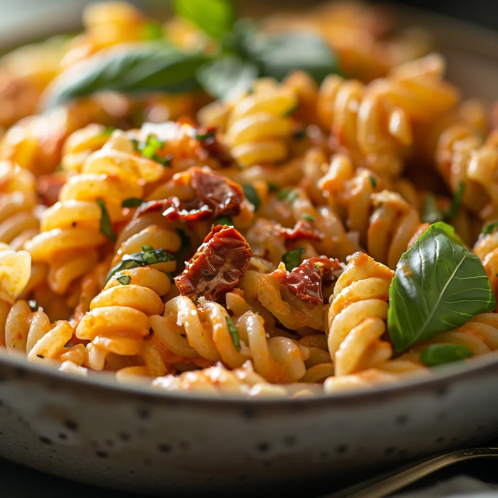 Close-up of creamy vegan pasta with sun-dried tomatoes and fresh basil.