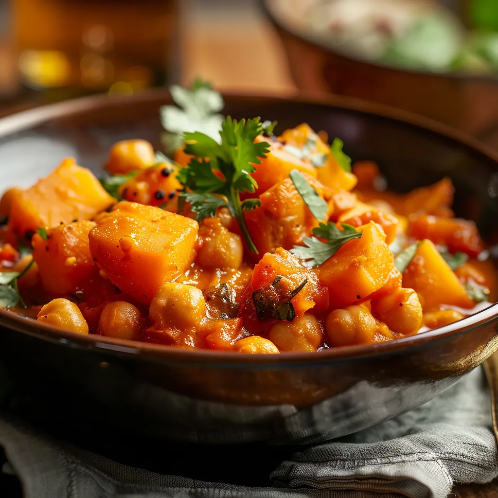 Close-up of a vibrant Sweet Potato and Chickpea Curry in a bowl, featuring chunks of sweet potato and chickpeas in a rich, creamy sauce.