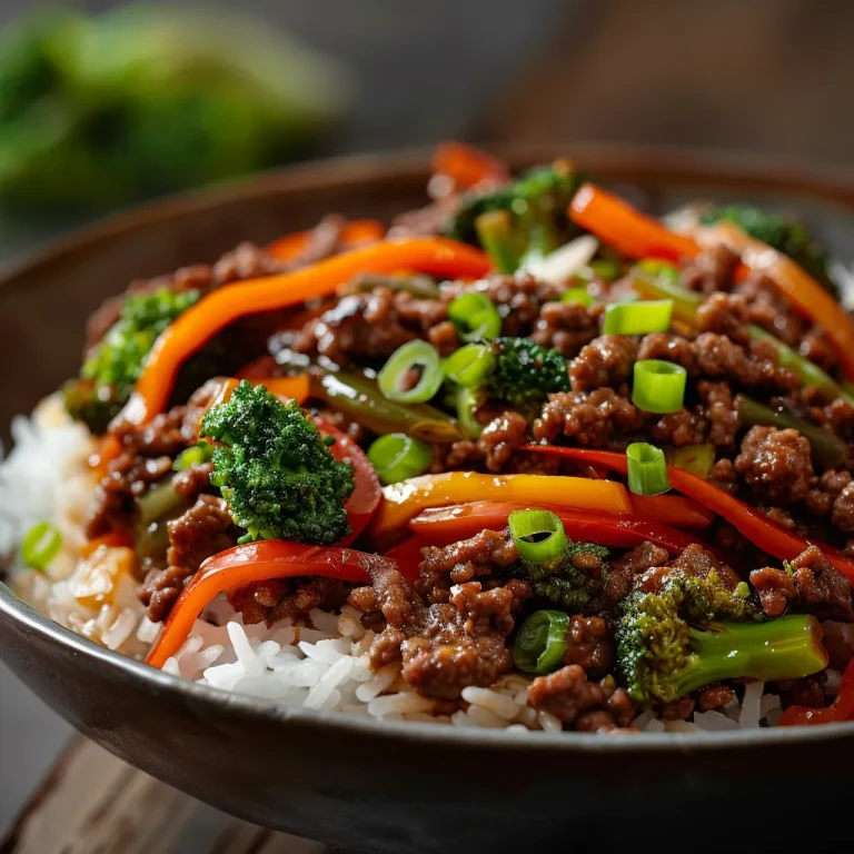 Close-up of a Spicy Ground Beef Stir-Fry Bowl with colorful vegetables and rice.