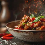 Close-up of a colorful spicy dish with visible ingredients in a warm, inviting light.
