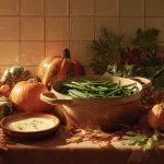 Close-up of creamy green bean casserole in a dish, topped with crispy fried onions.