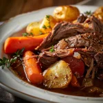 Close-up of a savory pot roast with carrots and potatoes served in a bowl.