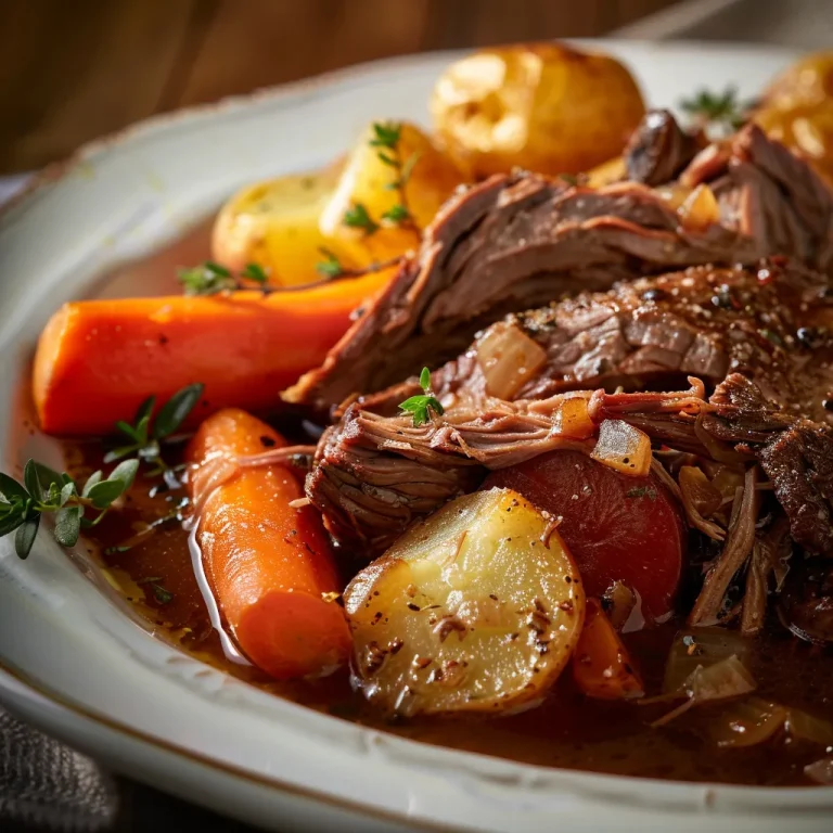 Close-up of a savory pot roast with carrots and potatoes served in a bowl.