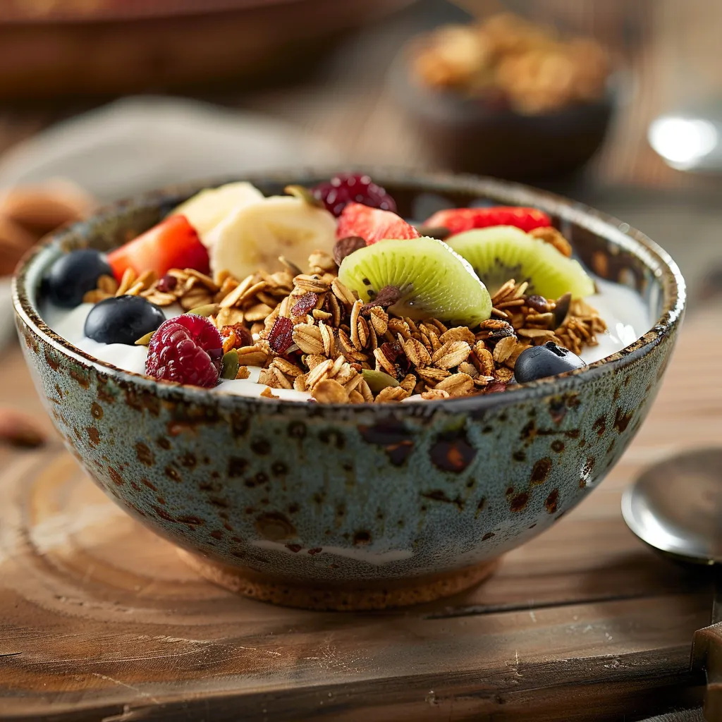 A close-up of a yogurt granola bowl topped with fresh fruits and a drizzle of honey.