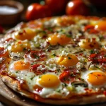 Close-up of a fluffy egg dish topped with pizza sauce, cheese, and colorful vegetables.