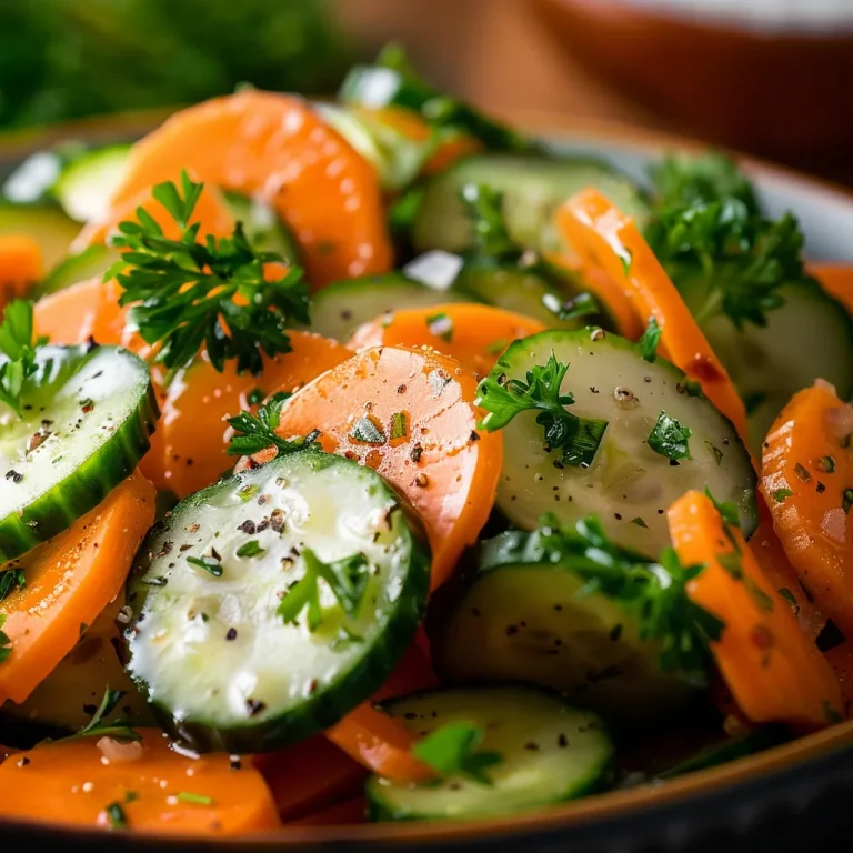 Close-up of a fresh Cucumber Carrot Salad with vibrant colors and textures.