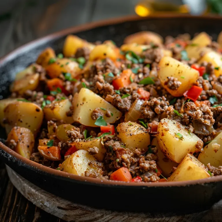 Close-up of a delicious ground beef and potato dinner, featuring diced potatoes and ground beef in a warm, inviting setting.