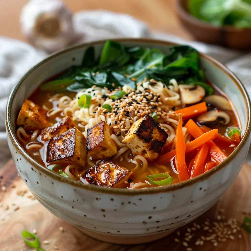 Close-up of a bowl of Vegan Spicy Miso Ramen with colorful vegetables and tofu.
