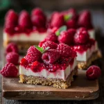 A close-up of Healthy Raspberry Cheesecake Bars with a creamy texture and fresh raspberries on top.