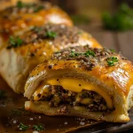 Close-up image of Garlic Parmesan Cheeseburger Bombs with golden-brown biscuit dough and melted cheese.