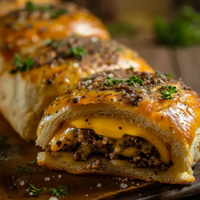 Close-up image of Garlic Parmesan Cheeseburger Bombs with golden-brown biscuit dough and melted cheese.