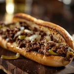 Close-up of a Ground Beef Philly Cheesesteak with melted cheese and fresh vegetables.