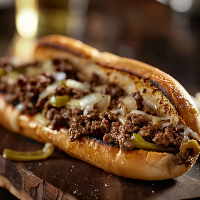 Close-up of a Ground Beef Philly Cheesesteak with melted cheese and fresh vegetables.