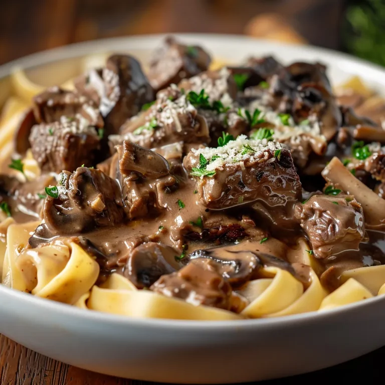 Close-up of a bowl of High Protein Slow Cooker Beef Stroganoff with beef, mushrooms, and a creamy sauce.