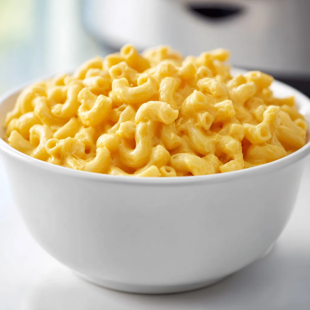A close-up of creamy macaroni and cheese in a crock pot, showcasing melted cheese and pasta textures.
