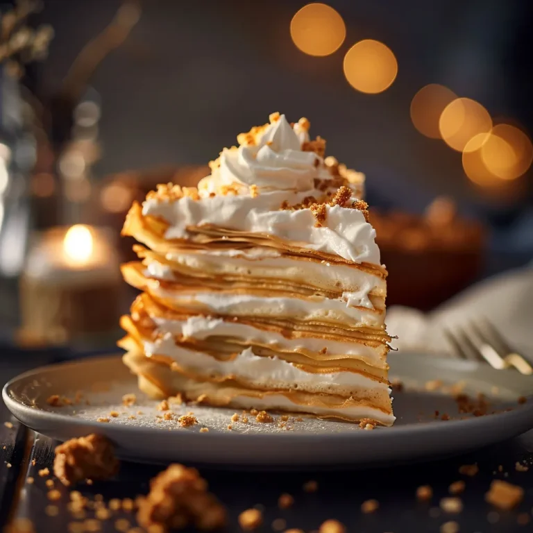 Layers of Indulgence: The Crêpe Cake That Dances with Flavor Close-up of a layered Vanilla & Speculoos Crêpe Cake with soft shadows.