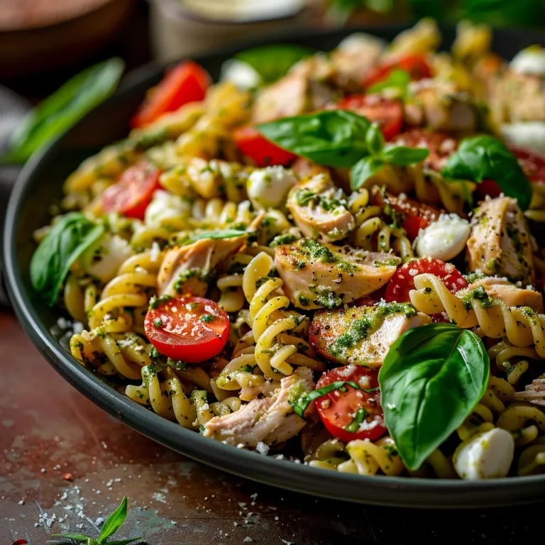 Close-up of Chicken Pesto Pasta Salad with diced chicken, cherry tomatoes, and mozzarella in a bowl.