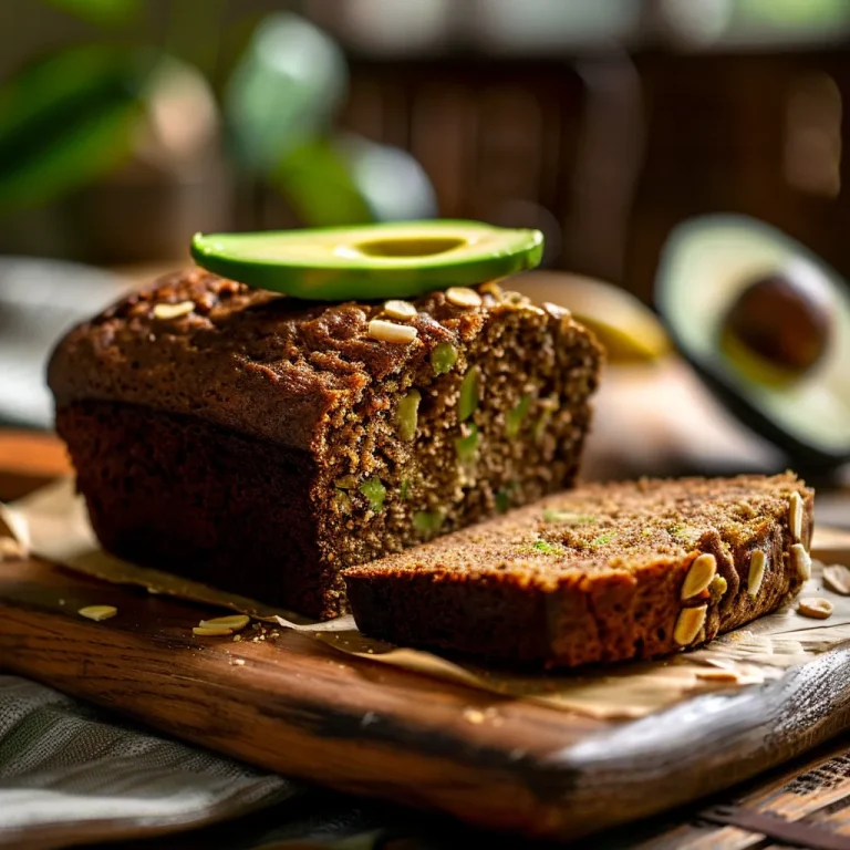 Close-up of a slice of healthy avocado bread topped with banana on a wooden cutting board.