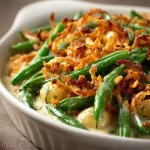 Close-up of a green bean casserole with crispy fried onions on top, illuminated by warm natural light.
