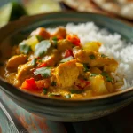 Close-up shot of coconut chicken curry in a bowl, surrounded by rice and naan bread.