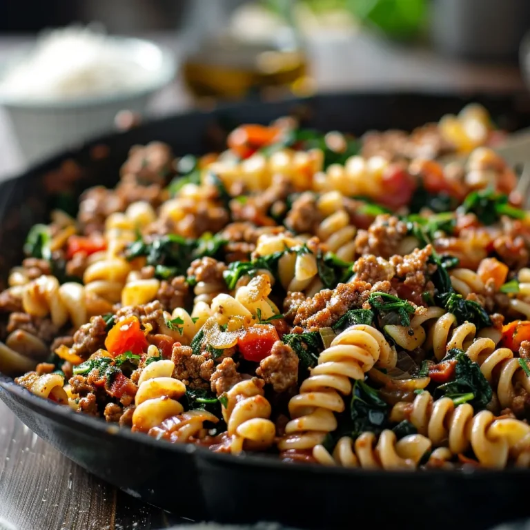 Savor the Adventure: One Pan Healthy Ground Beef Pasta That Dances with Flavor Close-up of One Pan Healthy Ground Beef Pasta with diced tomatoes and spinach.