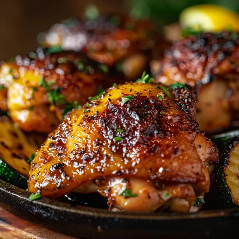 Close-up of a golden-browned Asado Chicken thigh garnished with parsley, alongside sautéed zucchini in a cozy setting.