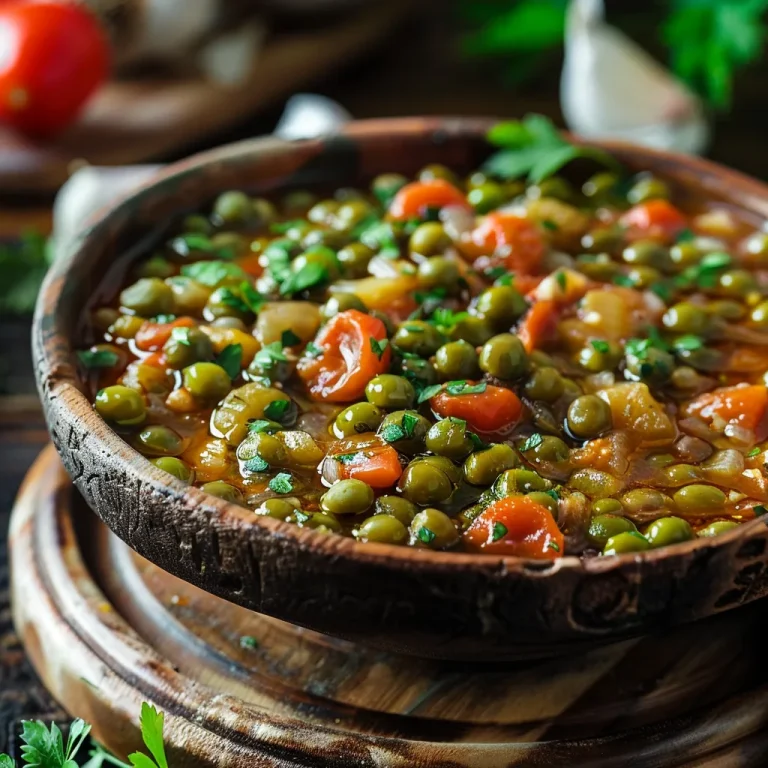 The Mediterranean Magic of Greek Green Peas Stew That Will Ignite Your Culinary Adventure Close-up of a vibrant Greek Green Peas Stew with fresh peas and diced tomatoes.