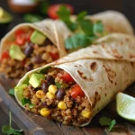 Close-up of a vibrant vegan burrito wrap filled with black beans, quinoa, corn, and avocado.