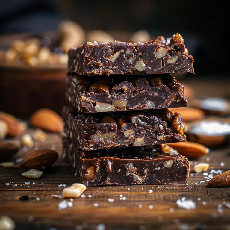Close-up of Dark Chocolate Sea Salt Nut Bars arranged neatly on a rustic surface, showcasing their texture and ingredients.