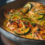 Close-up of creamy paprika zucchini chicken with vibrant colors and rich textures.