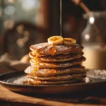 Close-up view of fluffy high protein pancakes stacked neatly, topped with banana slices and drizzled with syrup.