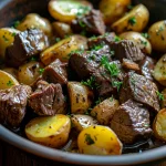 A close-up shot of garlic butter beef bites and halved baby potatoes in a bowl, garnished with parsley.