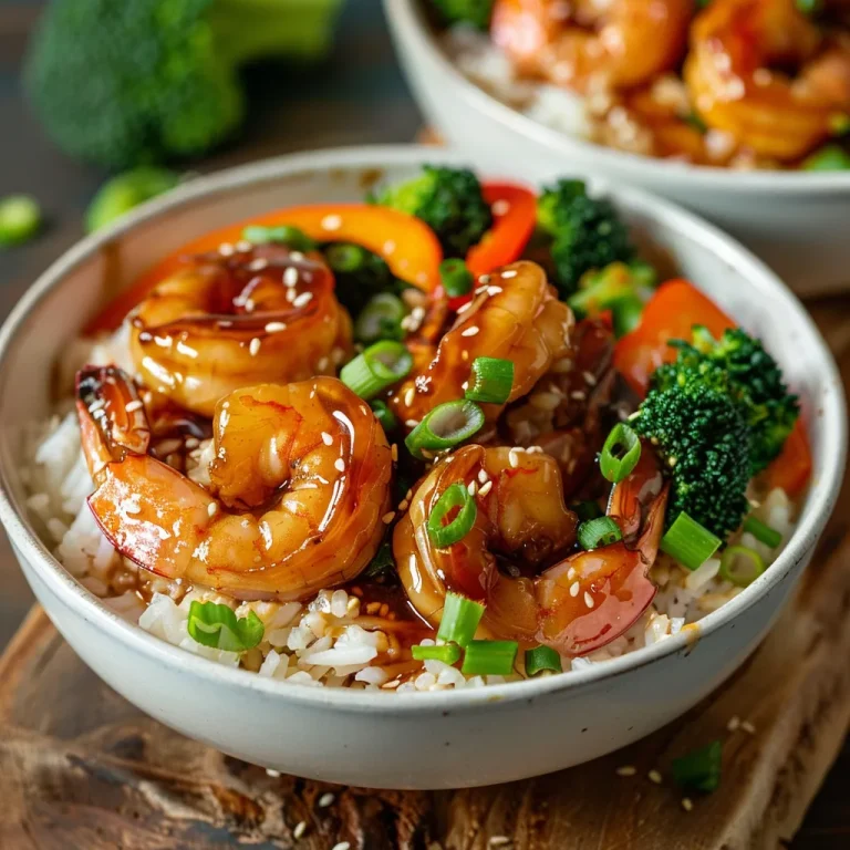 Close-up of a vibrant Honey Garlic Shrimp Bowl featuring shrimp, vegetables, and rice.