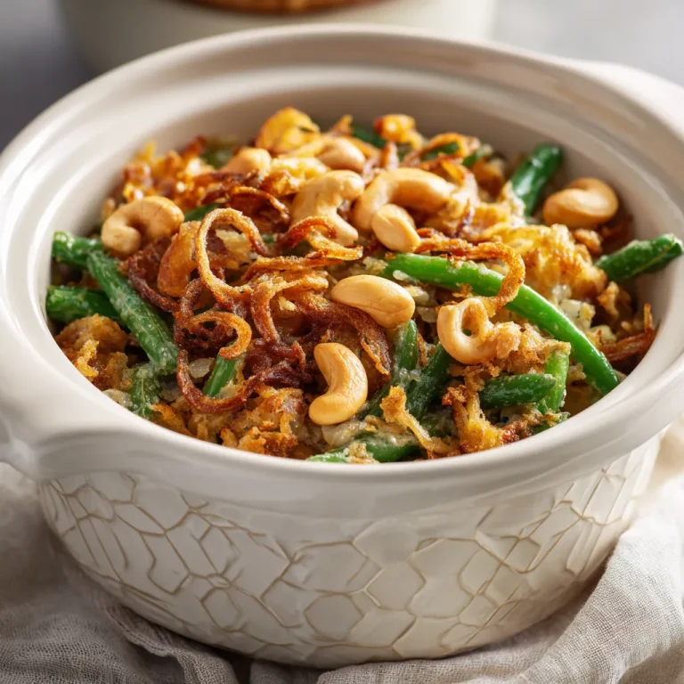 Close-up of a creamy green bean casserole in a crockpot with golden fried onions on top.