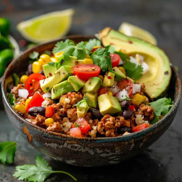 Close-up of a colorful low carb burrito bowl with ground turkey, cauliflower rice, and fresh veggies.