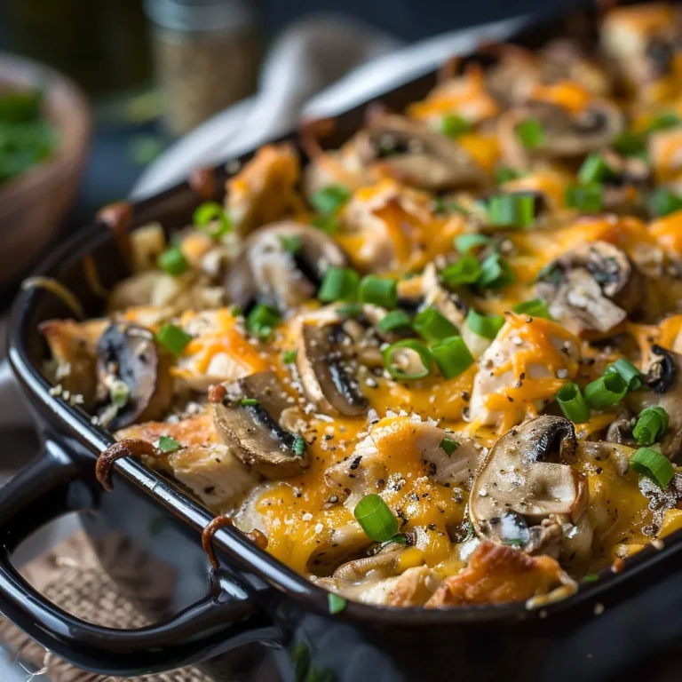 Close-up of a creamy Keto Garlic Mushroom Chicken Casserole topped with green onions.