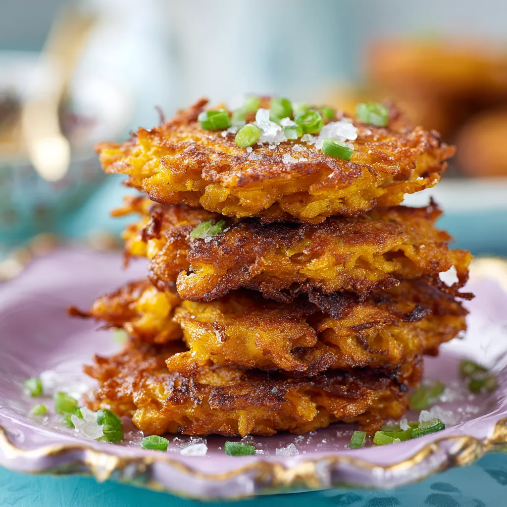Close-up of crispy sweet potato hash browns with soft golden edges and fresh parsley on top.