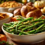 Close-up of a green bean casserole with creamy texture and crispy onion topping.