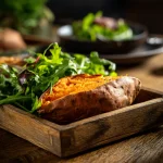 Close-up of caramelized sweet potato halves, golden brown with a glossy glaze.