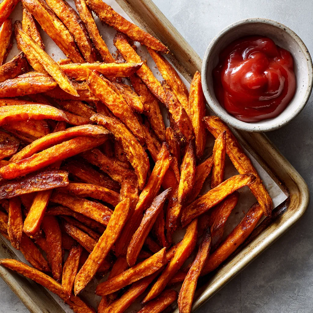 Close-up of golden-brown sweet potato fries on a rustic plate, accented by natural light.