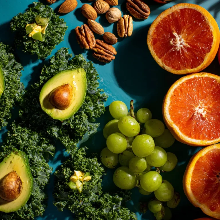 A close-up of a vibrant salad featuring leafy greens, chopped tomatoes, sliced cucumbers, and nuts, garnished with herbs.