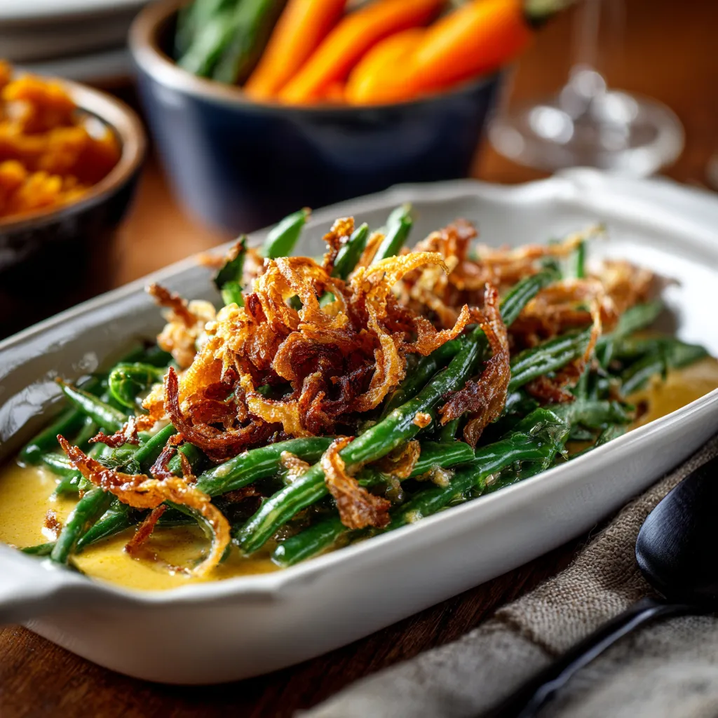 Close-up of a creamy green bean casserole topped with crispy fried onions.