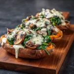 Close-up of a stuffed sweet potato filled with creamy mushrooms and spinach, garnished with parsley.