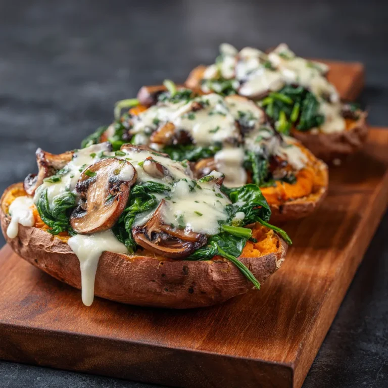 Close-up of a stuffed sweet potato filled with creamy mushrooms and spinach, garnished with parsley.