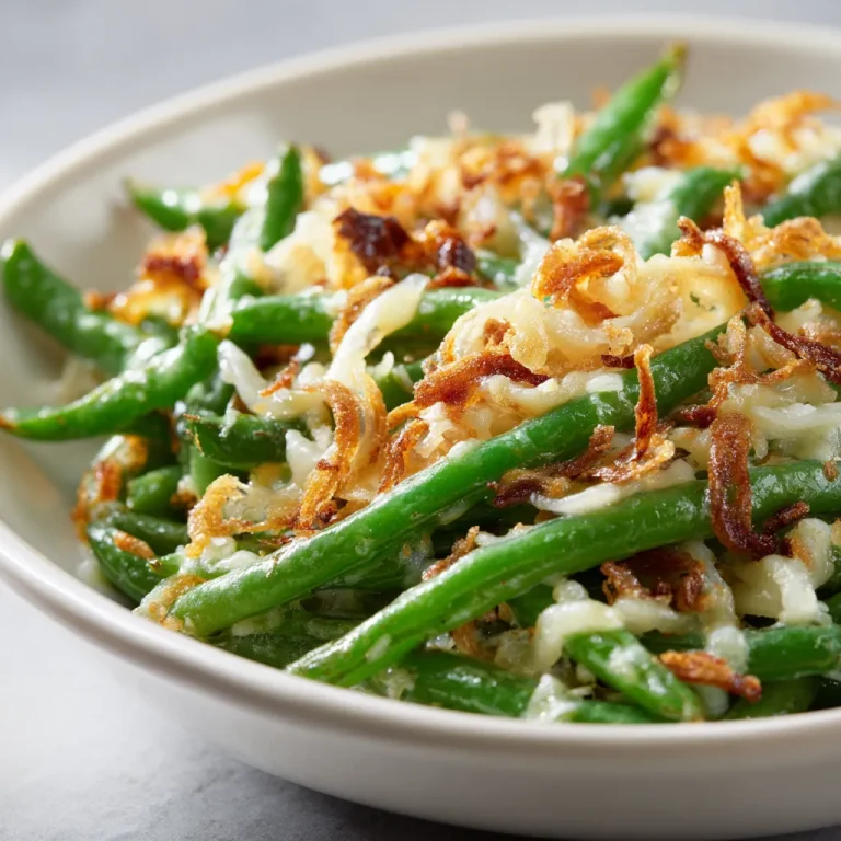 Close-up of a creamy green bean casserole topped with crispy fried onions.