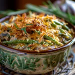Close-up of a creamy green bean casserole in a crockpot, topped with crispy fried onions.